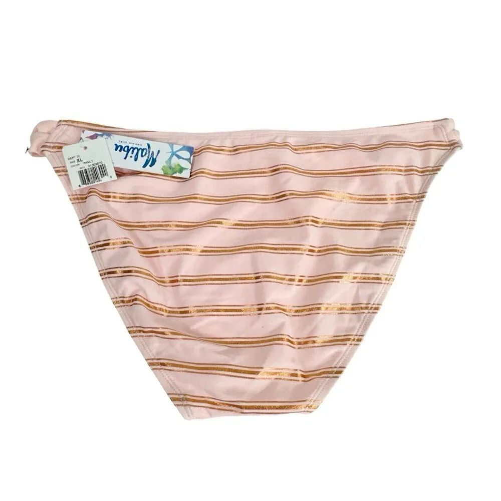 Malibu Dream Women's XL Bikini Swim Bottom‎ Pink Metallic Copper Striped New